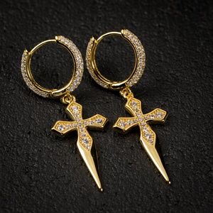 Mens 14K Gold Dagger Hanging Hoop Earrings